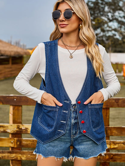 Pocketed Button Up Sleeveless Denim Jacket-Angel Casuals
