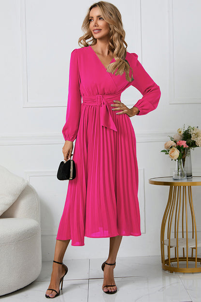 V-Neck Long Sleeve Tie Waist Midi Dress-Angel Casuals