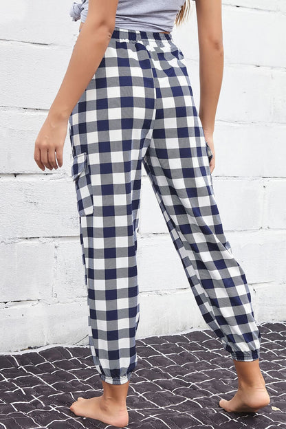 Plaid Elastic High Waist Cargo Pants-Angel Casuals