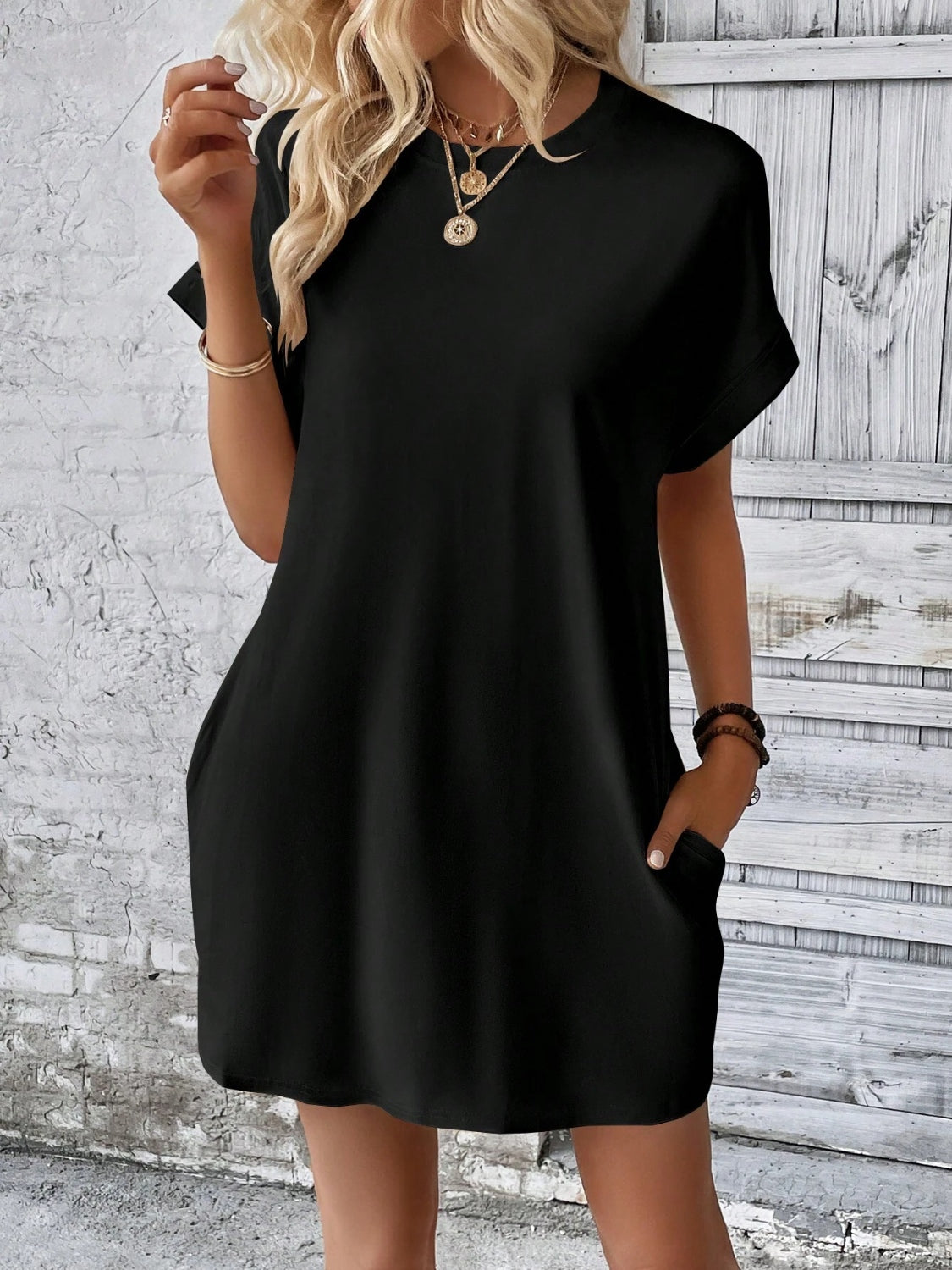 Round Neck Short Sleeve Mini Dress-Angel Casuals