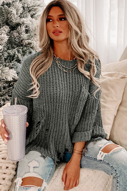 Distressed Round Neck Drop Shoulder Sweater-Angel Casuals