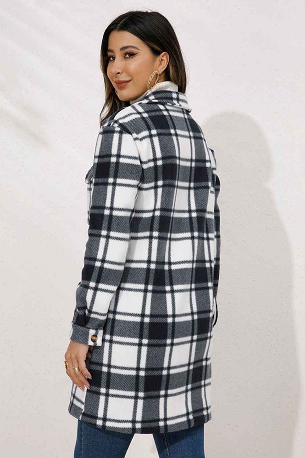 Shiny Plaid Collared Longline Coat-Angel Casuals