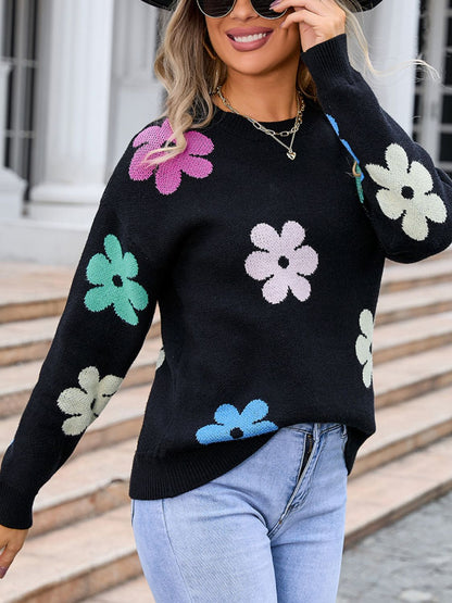 Angel Wings Flower Round Neck Long Sleeve Sweater-Angel Casuals