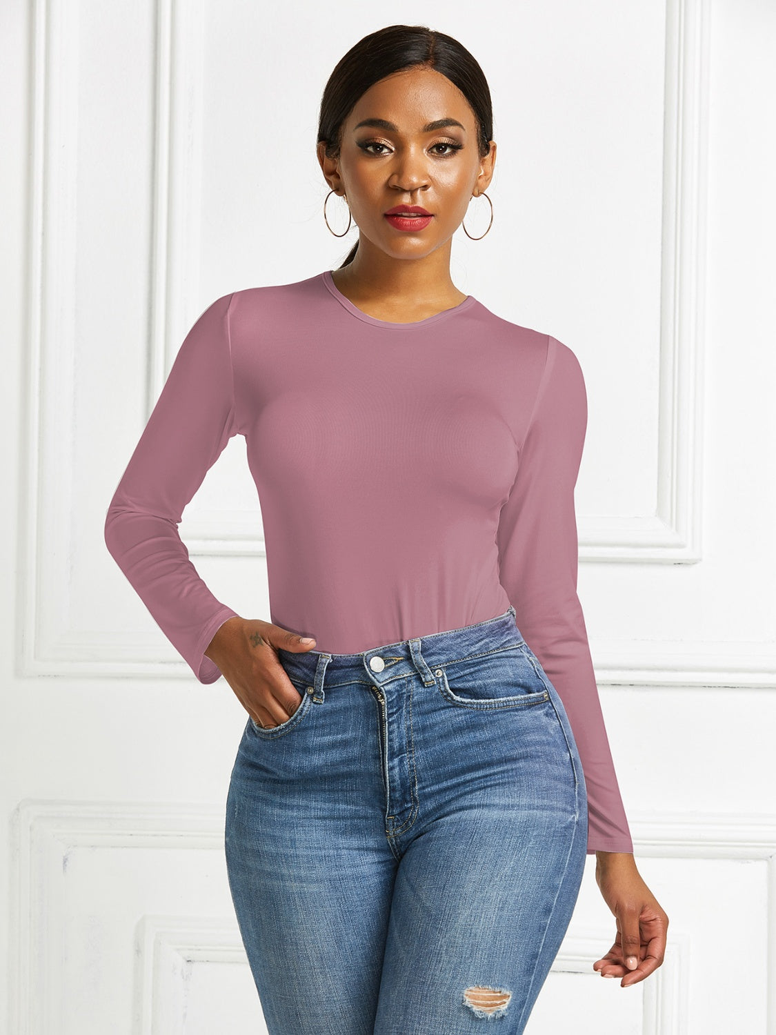 Round Neck Long Sleeve Bodysuit-Angel Casuals