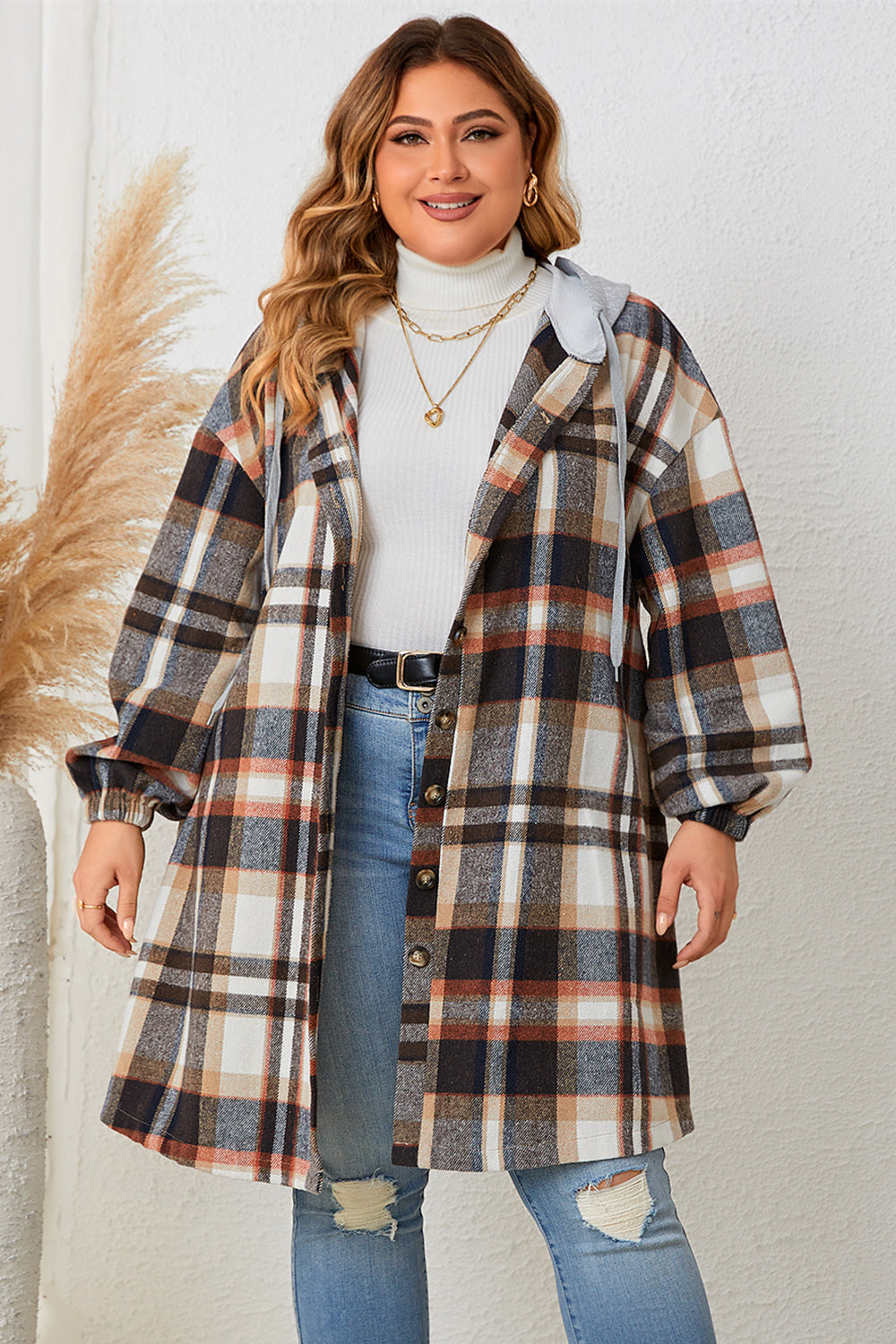 Honey Plus Size Plaid Drop Shoulder Hooded Coat-Angel Casuals