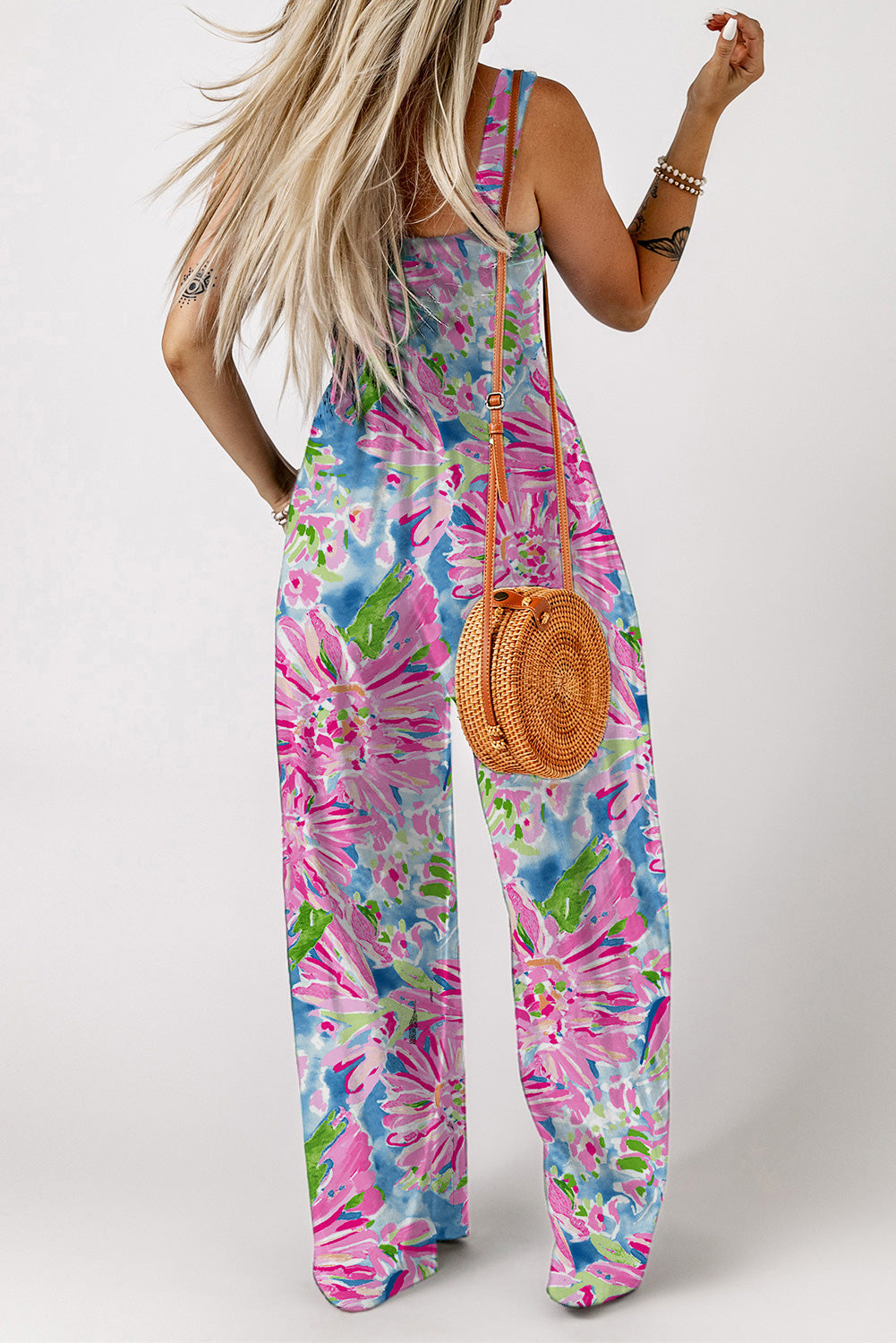 Floral Smocked Square Neck Jumpsuit with Pockets-Angel Casuals