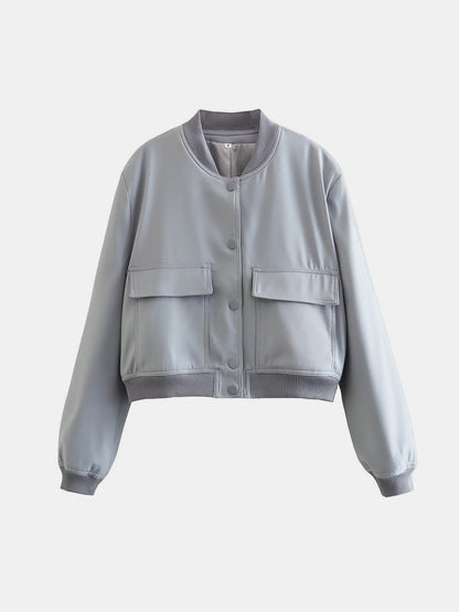 Pocketed Snap Down Baseball Collar Jacket-Angel Casuals