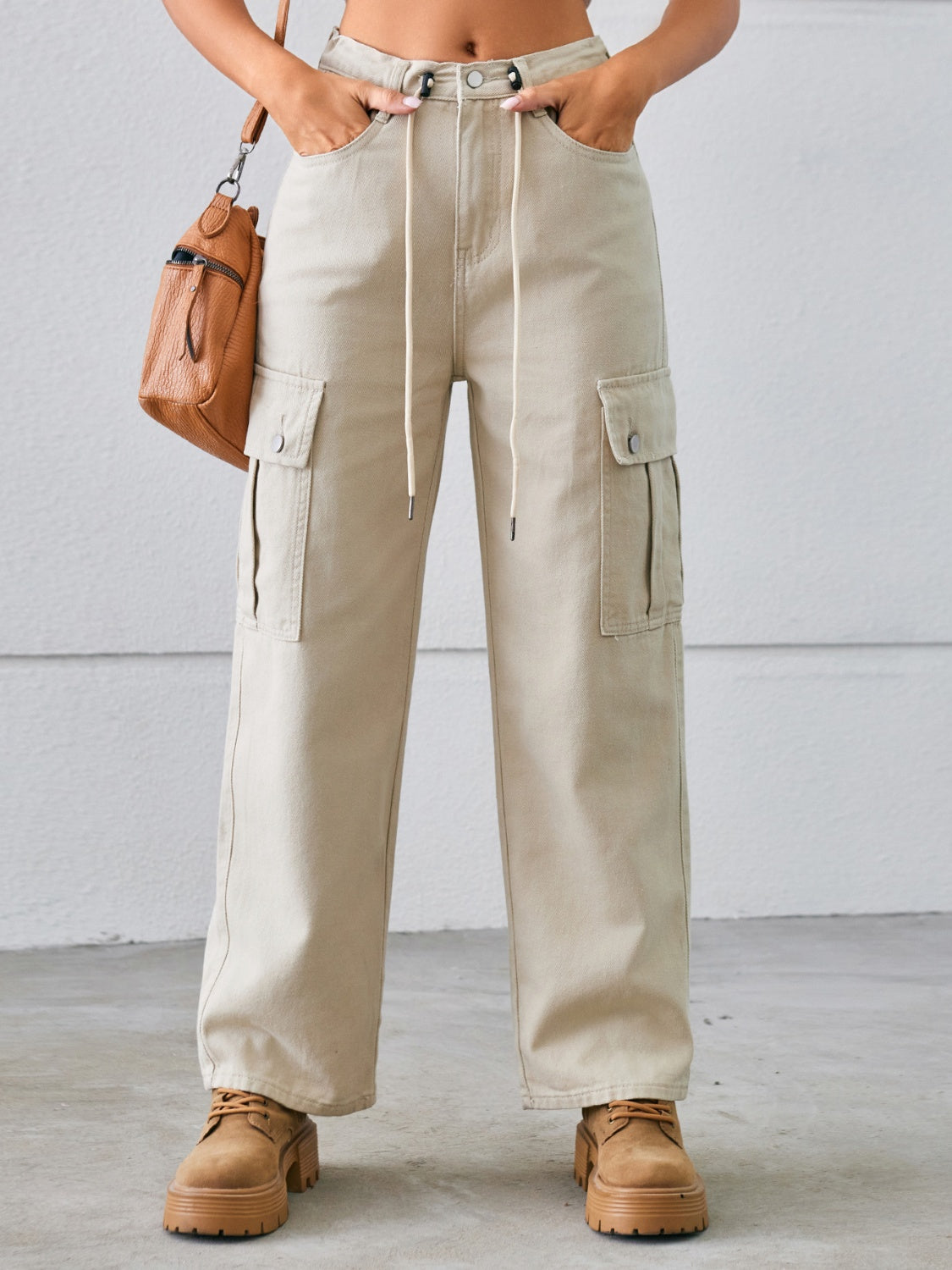 Drawstring Mid-Rise Waist Straight Cargo Jeans-Angel Casuals