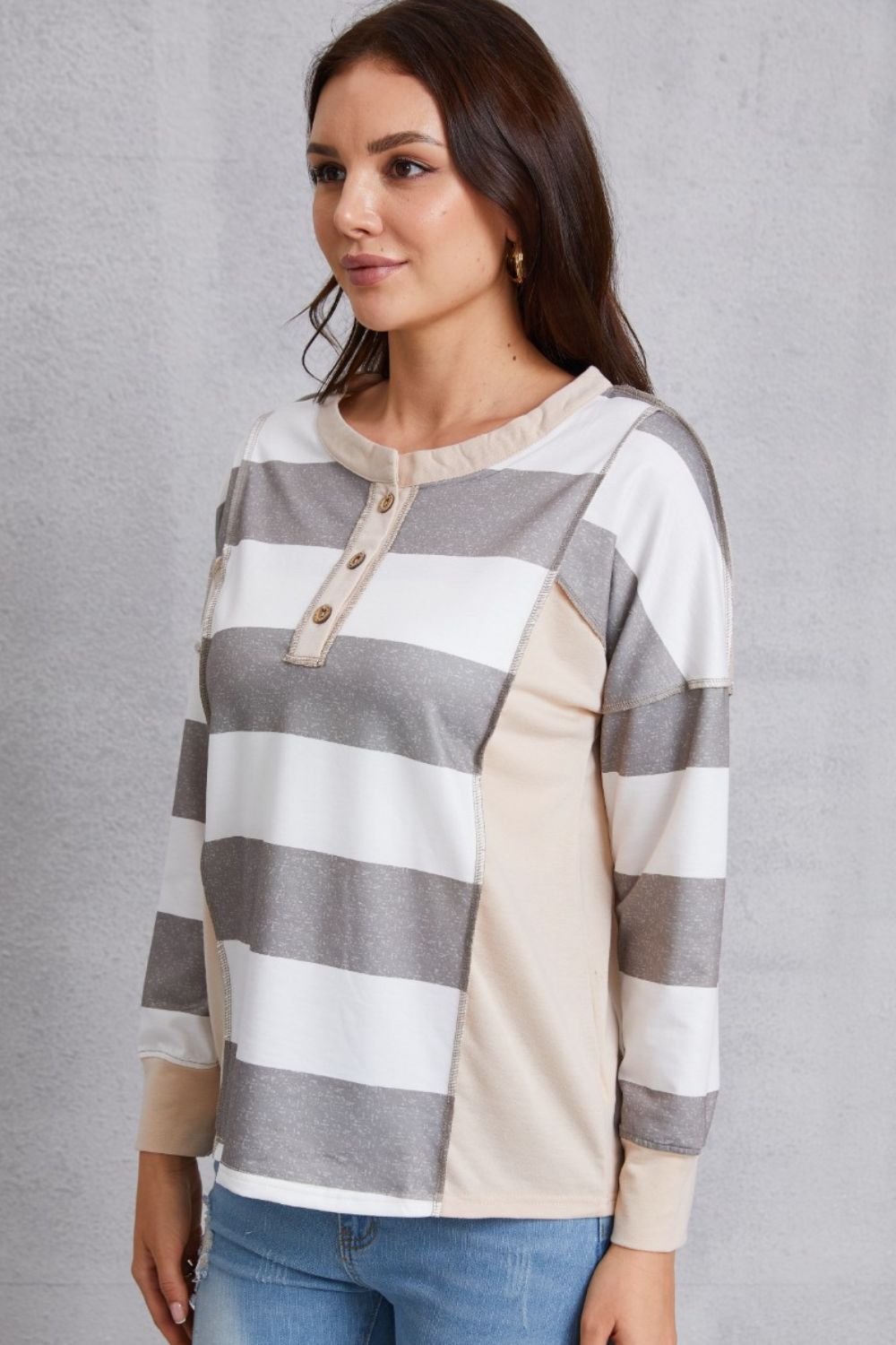 Striped Exposed Seam Buttoned T-Shirt-Angel Casuals