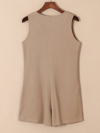 Waffle-Knit Half Button Sleeveless Romper with Pockets-Angel Casuals