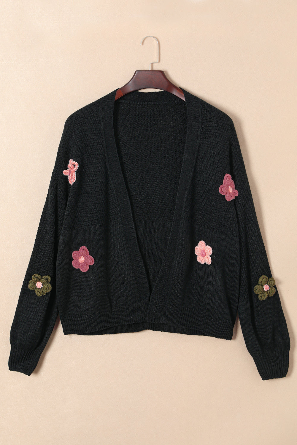 Floral Applique Drop Shoulder Open Front Cardigan-Angel Casuals