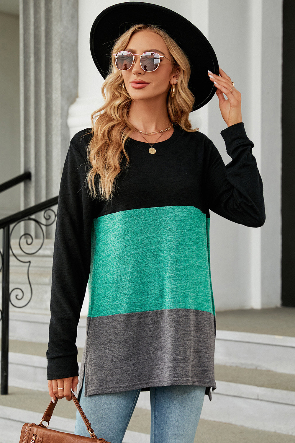 Color Block Round Neck Long Sleeve T-Shirt-Angel Casuals