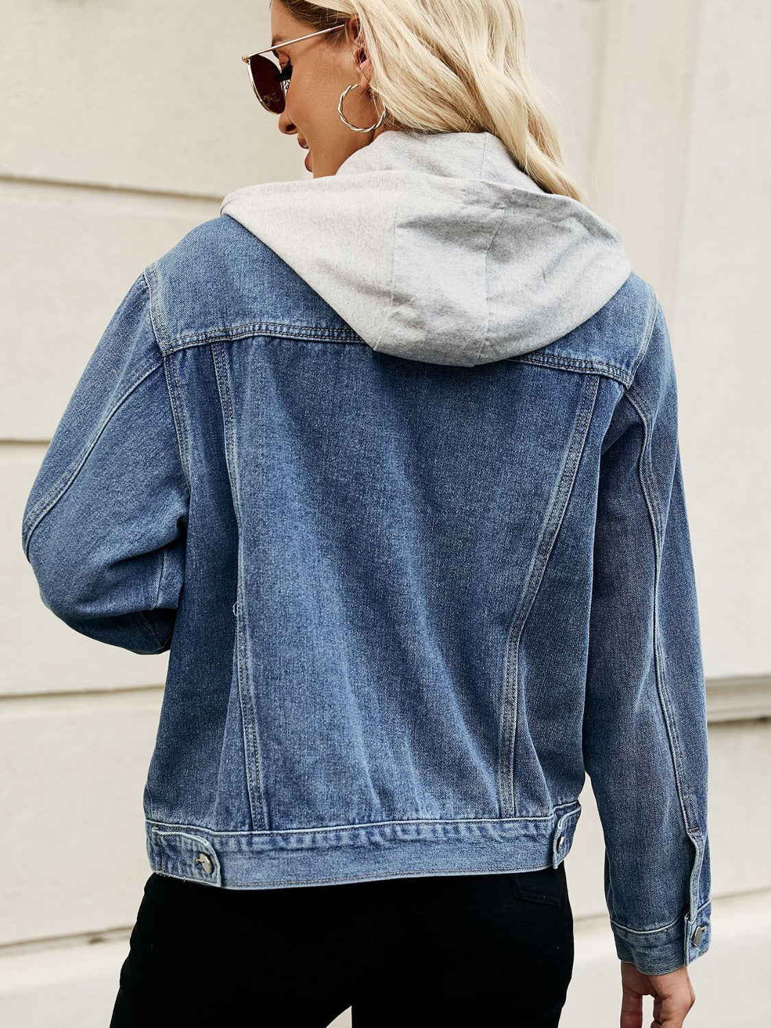 Drawstring Hooded Button Up Denim Jacket-Angel Casuals