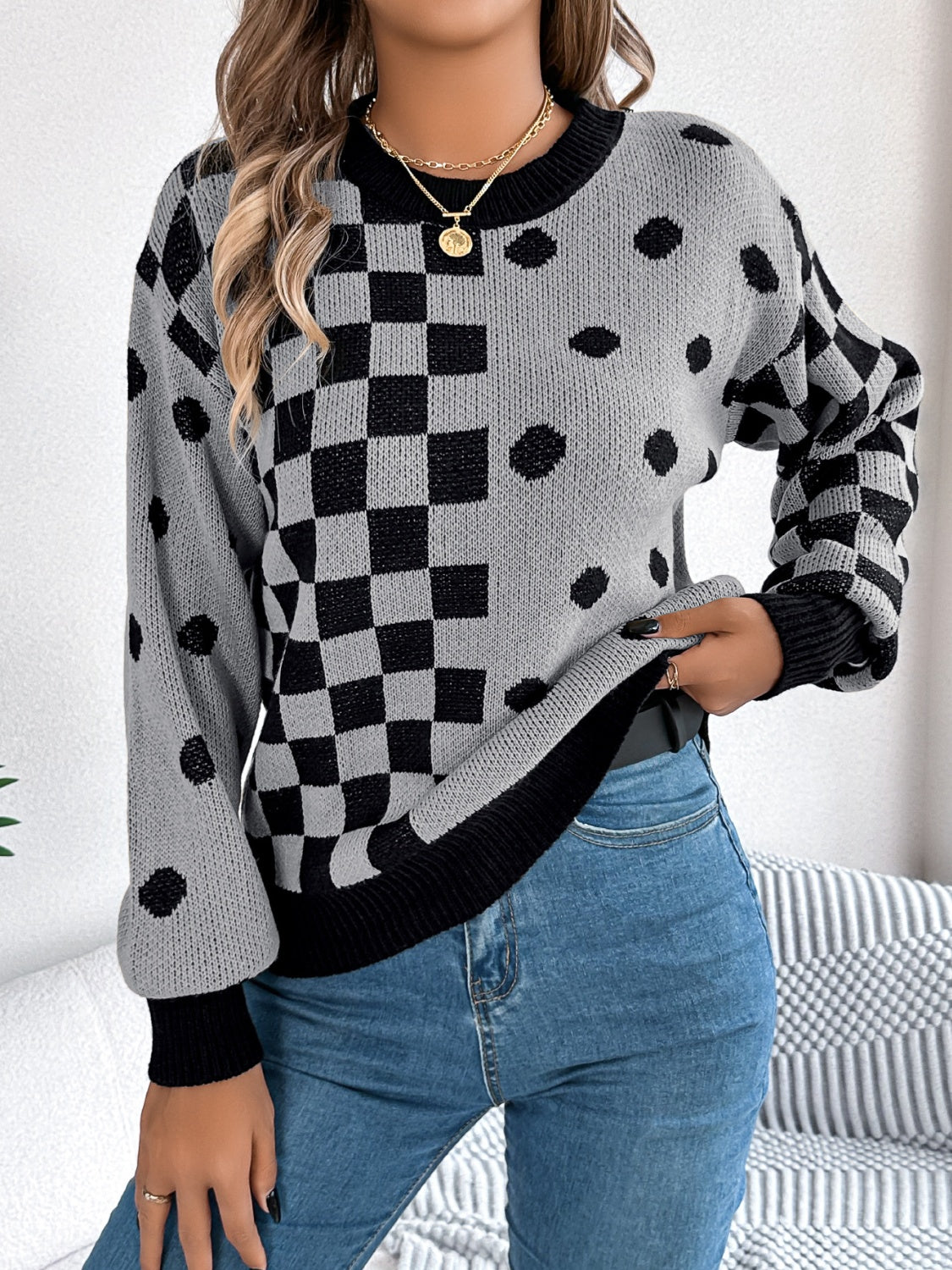 Plaid Round Neck Long Sleeve Sweater-Angel Casuals