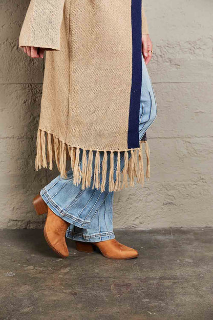 Geometric Fringe Hem Open Front Duster Cardigan-Angel Casuals