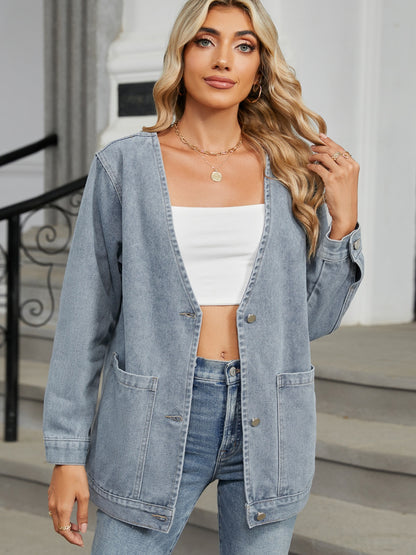 Pocketed V-Neck Button Up Denim Jacket-Angel Casuals