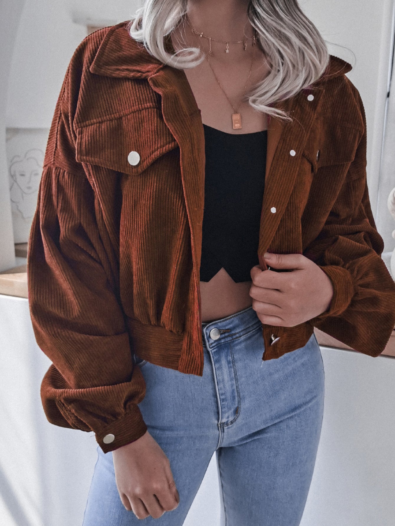 Lantern Sleeve Cropped Corduroy Jacket-Angel Casuals