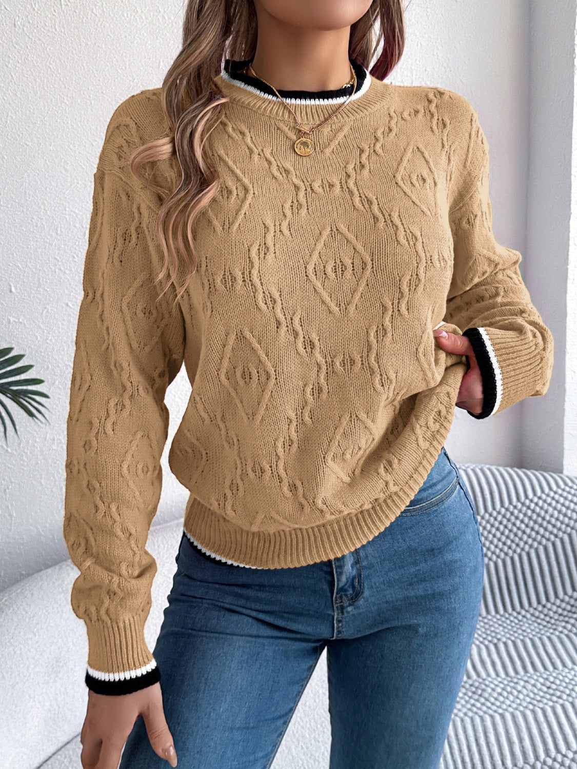 Contrast Trim Round Neck Long Sleeve Sweater-Angel Casuals