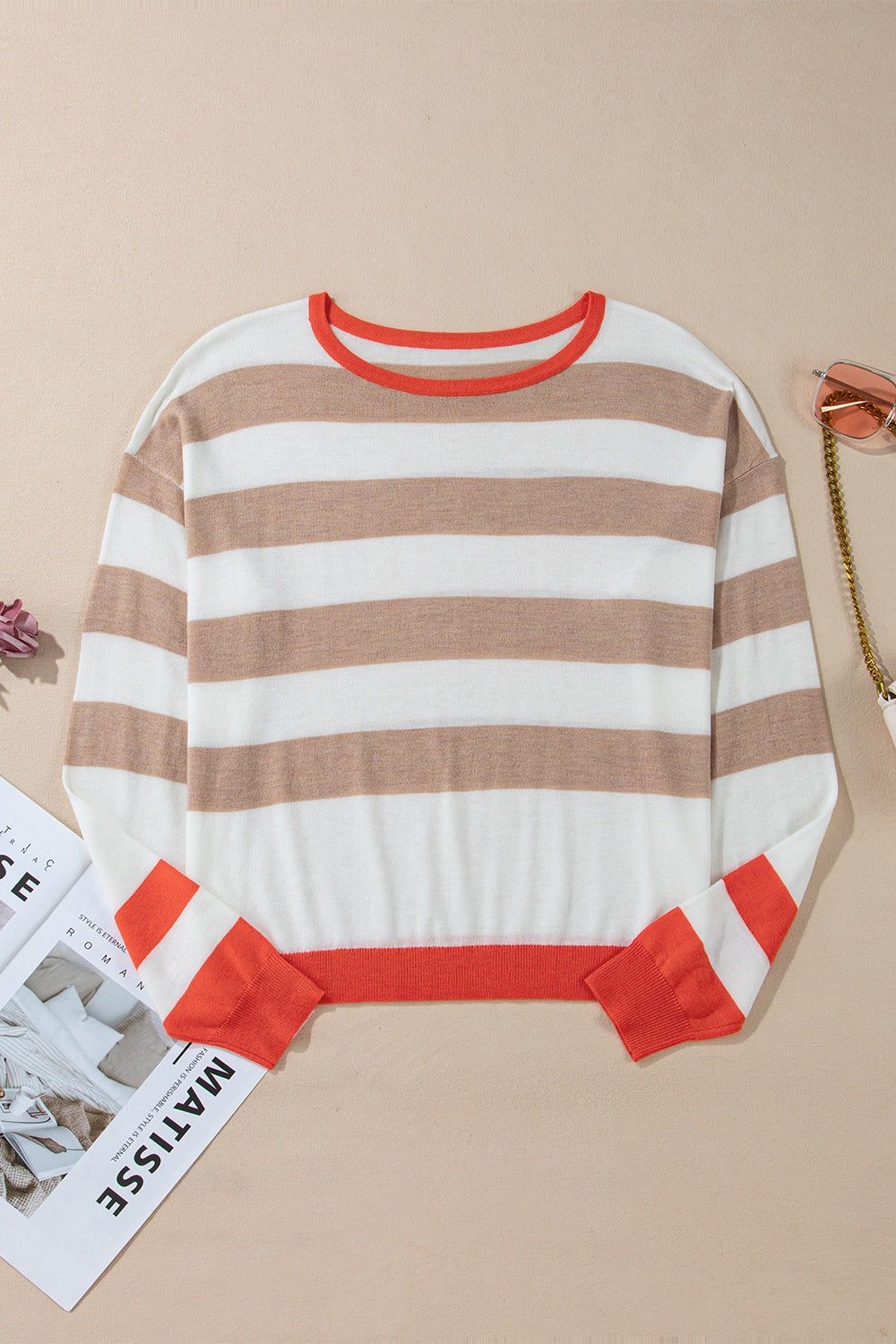 Contrast Striped Round Neck Drop Shoulder Knit Top-Angel Casuals