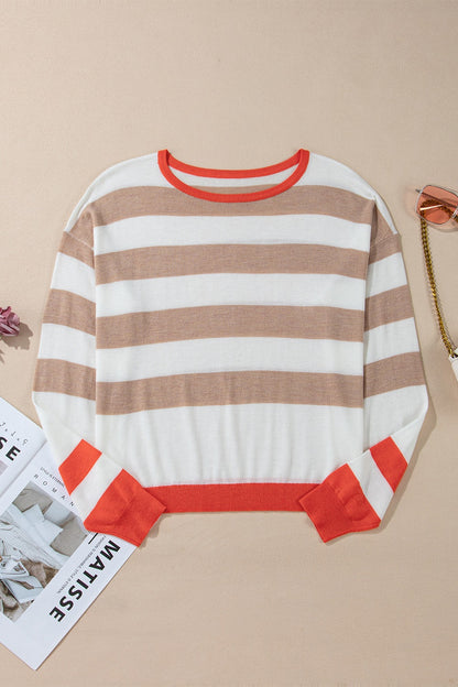 Contrast Striped Round Neck Drop Shoulder Knit Top-Angel Casuals