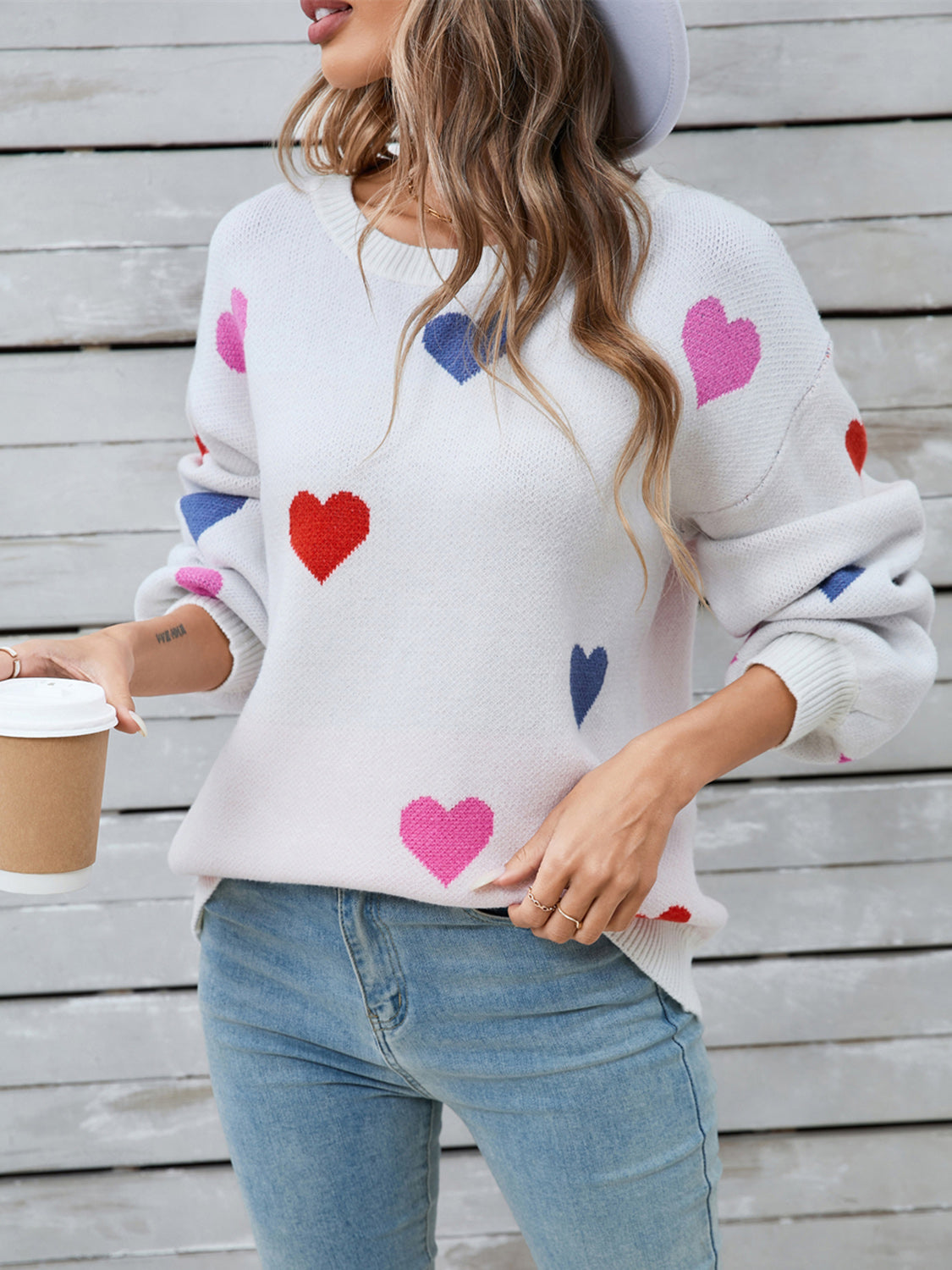 Angel Wings Heart Round Neck Long Sleeve Sweater-Angel Casuals