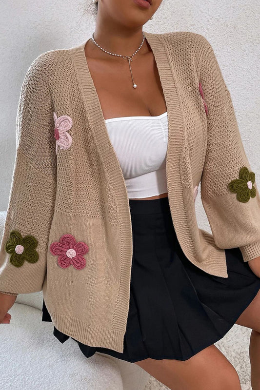 Floral Applique Drop Shoulder Open Front Cardigan-Angel Casuals
