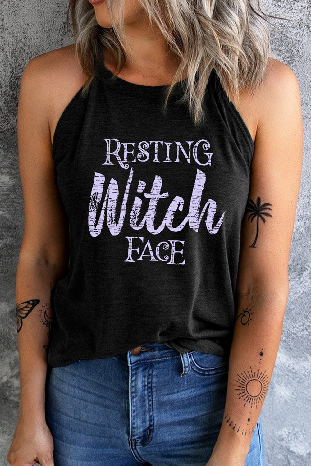 Round Neck RESTING WITCH FACE Graphic Tank Top-Angel Casuals