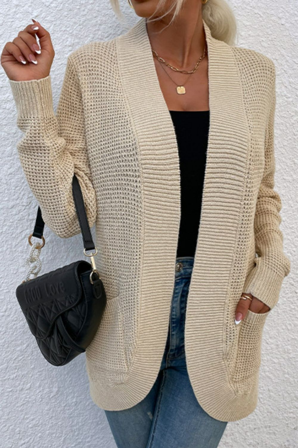 Open Front Rib-Knit Cardigan with Pockets-Angel Casuals