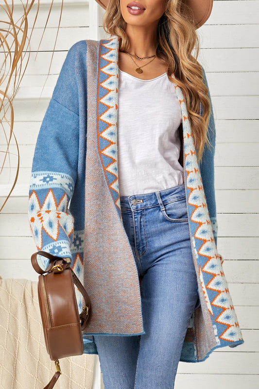 Geometric Open Front Long Sleeve Cardigan-Angel Casuals