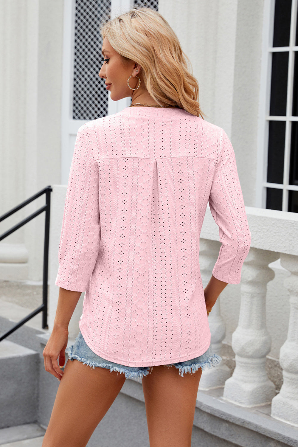 Eyelet Notched Knit Jacquard Top-Angel Casuals