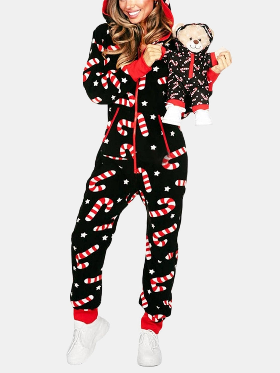 Printed Zip Up Long Sleeve Hooded Jumpsuit-Angel Casuals