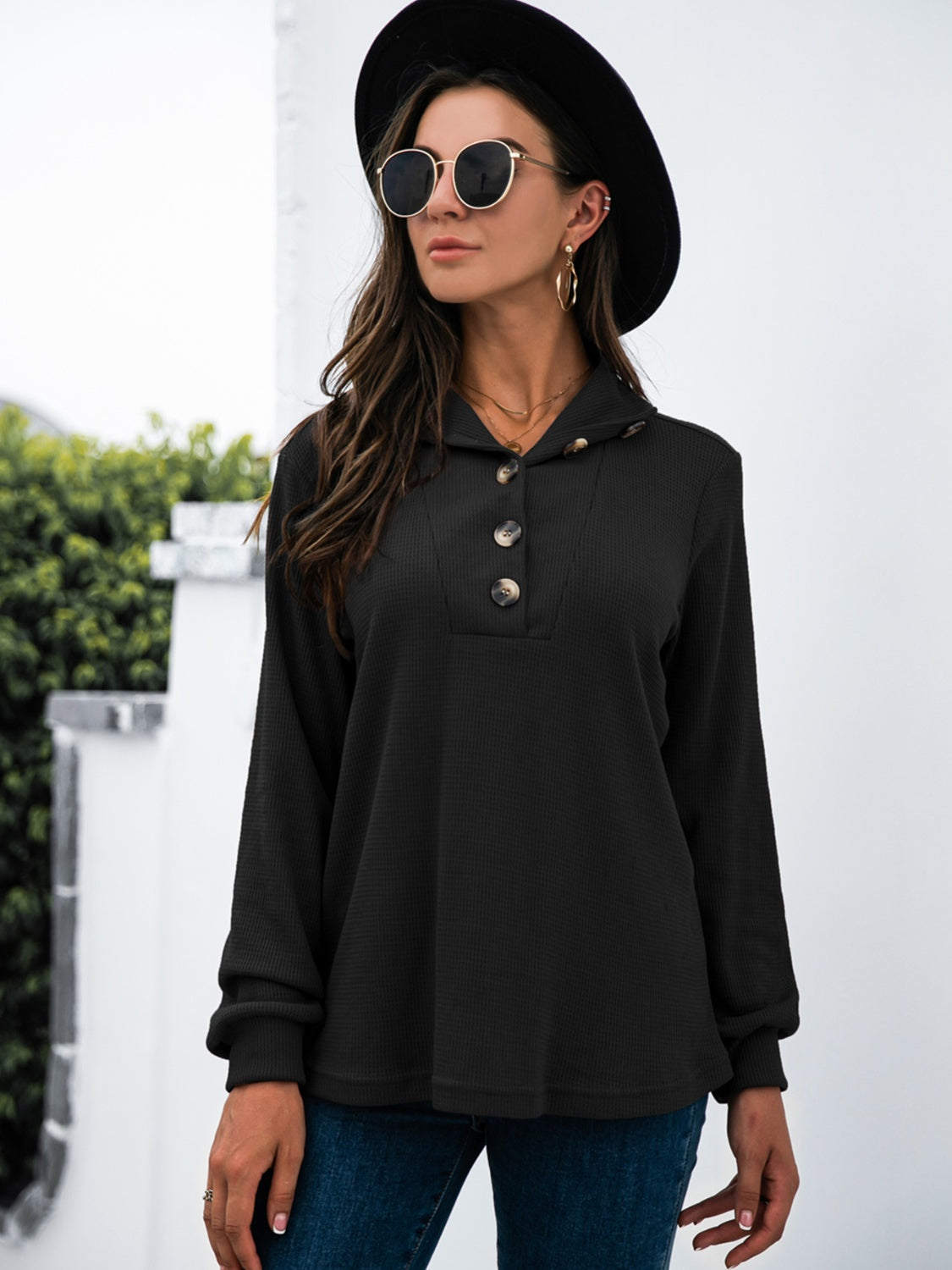 Half Button Long Sleeve T-Shirt-Angel Casuals