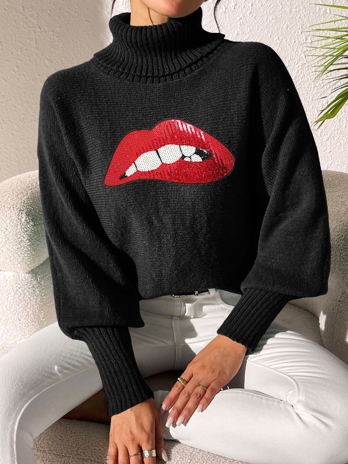 Lip Turtleneck Long Sleeve Sweater-Angel Casuals