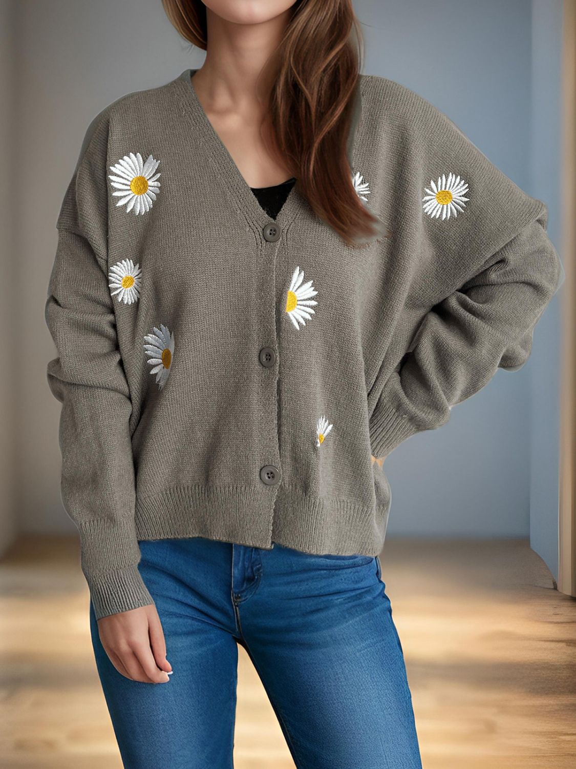 Daisy Button Up V-Neck Cardigan-Angel Casuals
