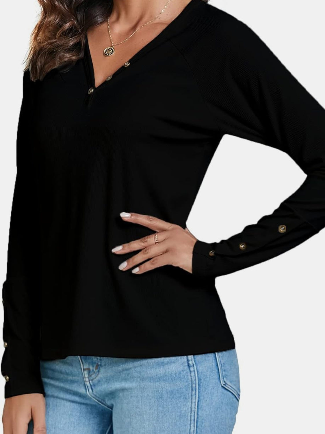 Decorative Button V-Neck Long Sleeve T-Shirt-Angel Casuals