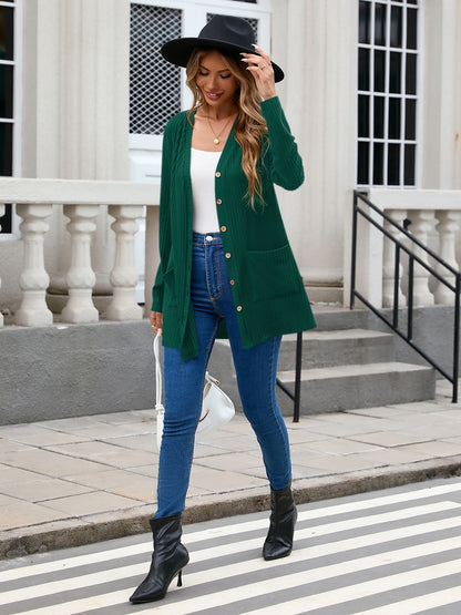 Ribbed Button Down V-Neck Long Sleeve Cardigan-Angel Casuals