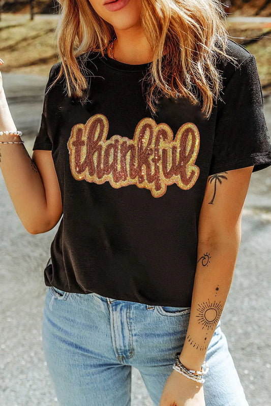 THANKFUL Sequin Round Neck Short Sleeve T-Shirt-Angel Casuals