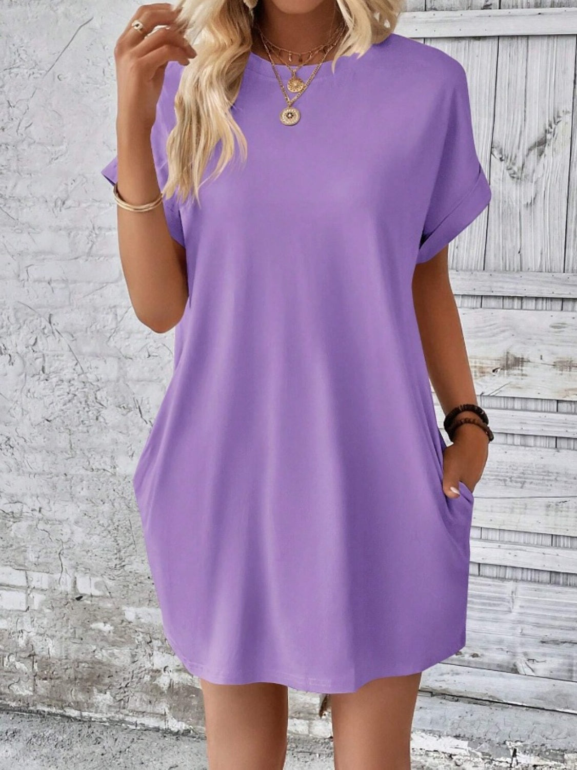 Pocketed Round Neck Short Sleeve Dress-Angel Casuals