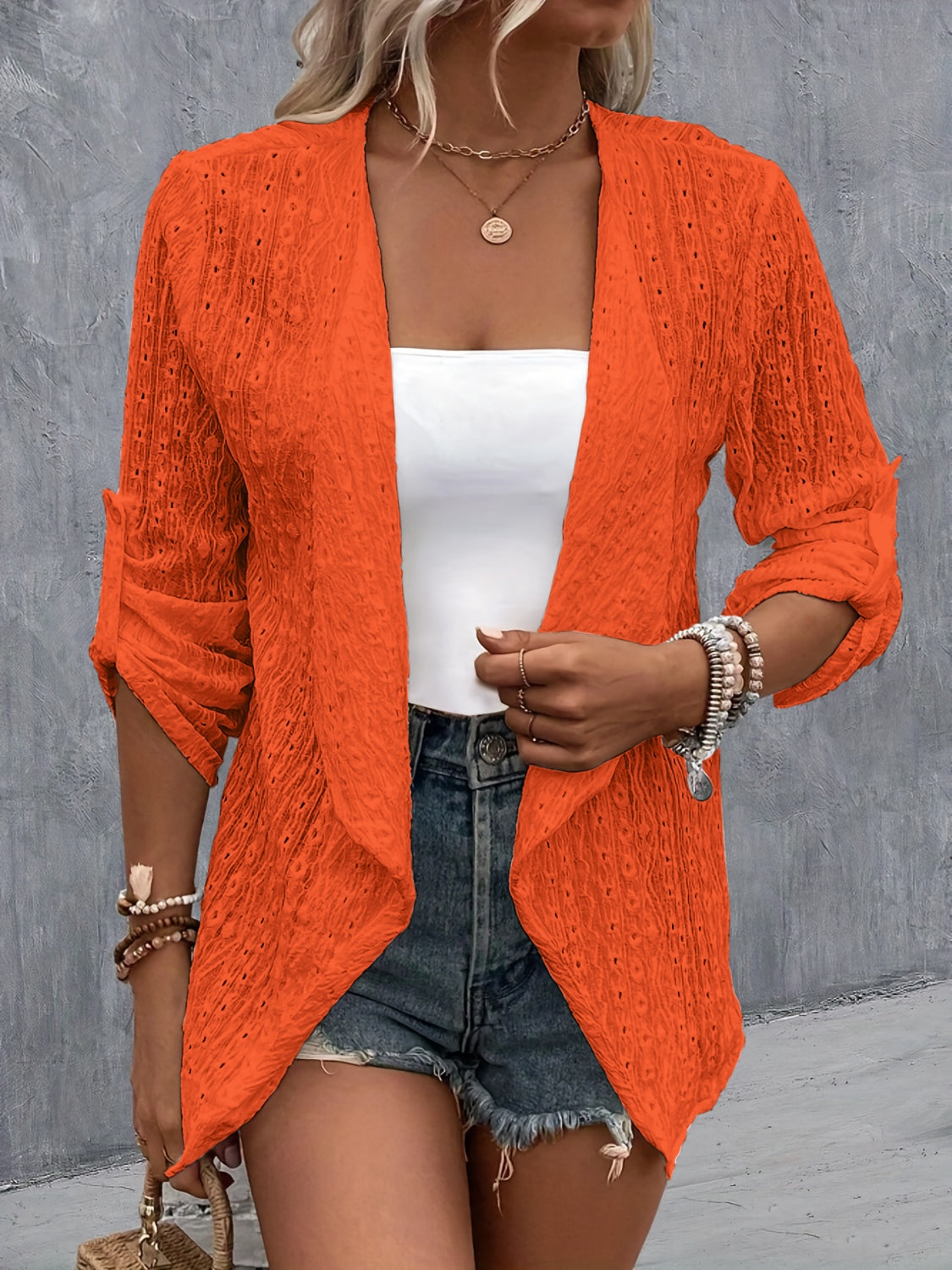 Eyelet Roll-Tab Sleeve Cardigan-Angel Casuals