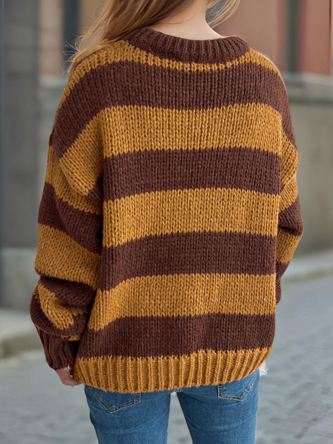 Contrast Striped Round Neck Long Sleeve Sweater-Angel Casuals