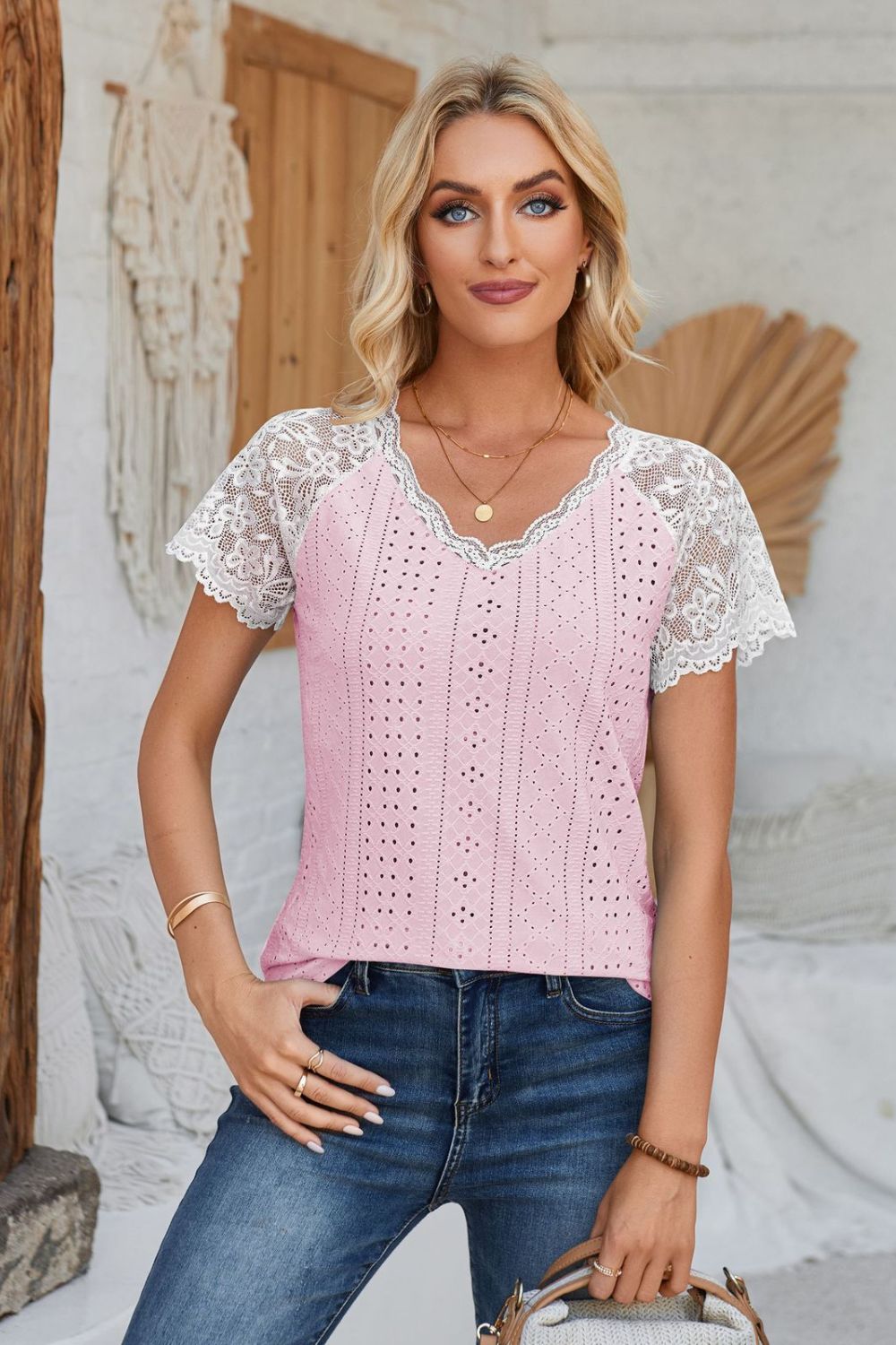 Eyelet V-Neck Lace Short Sleeve T-Shirt-Angel Casuals