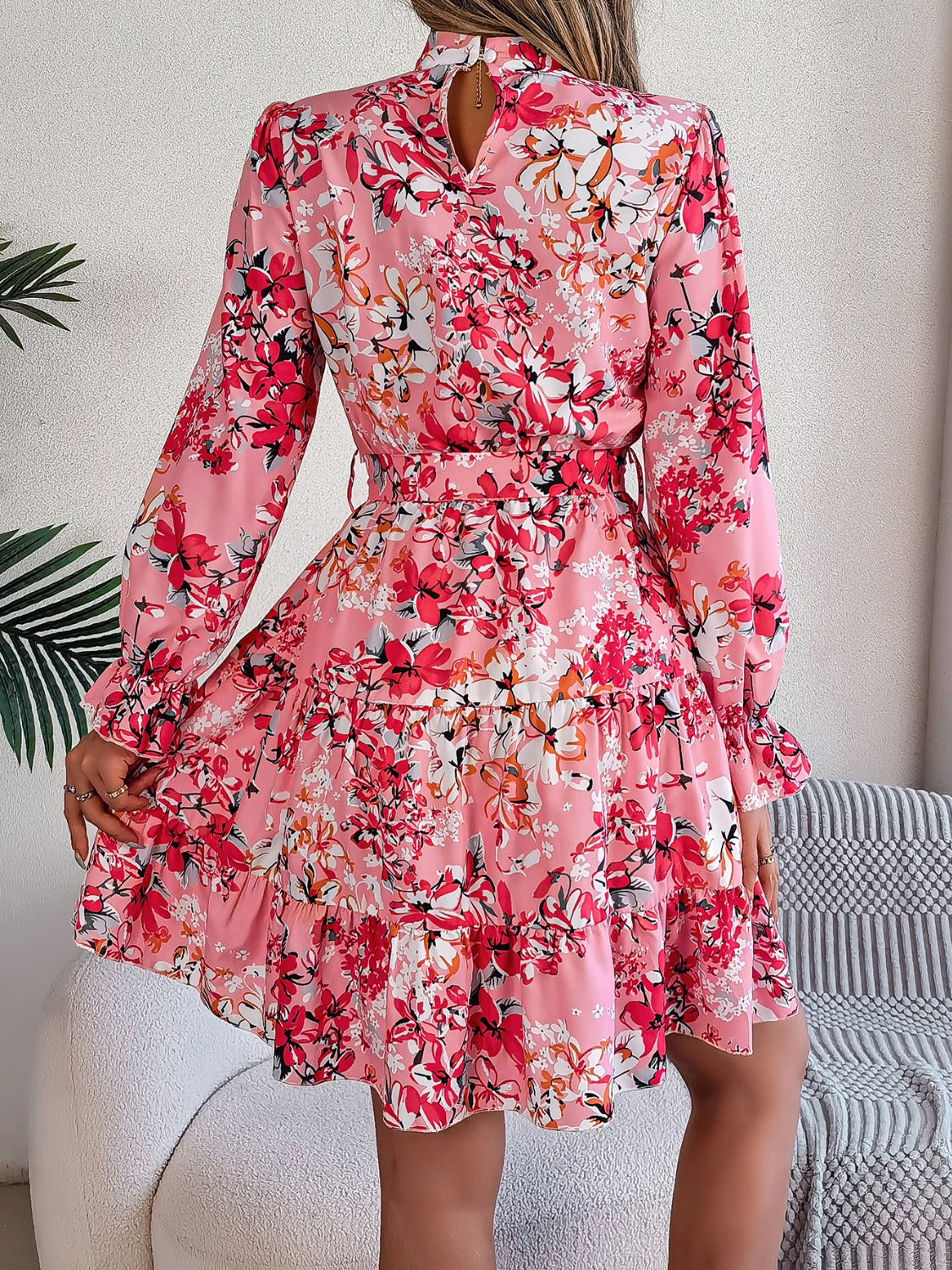 Printed Mock Neck Flounce Sleeve Mini Dress-Angel Casuals