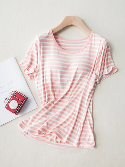 Striped Round Neck Short Sleeve T-Shirt with Bra-Angel Casuals