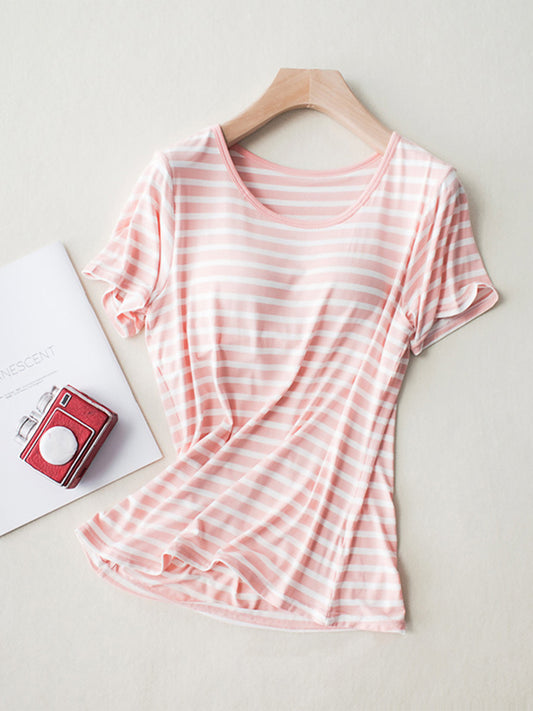 Striped Round Neck Short Sleeve T-Shirt with Bra-Angel Casuals