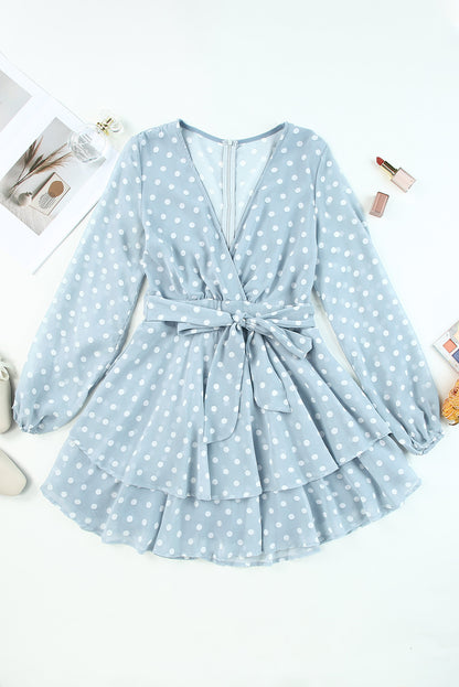 Tied Layered Polka Dot Balloon Sleeve Dress-Angel Casuals