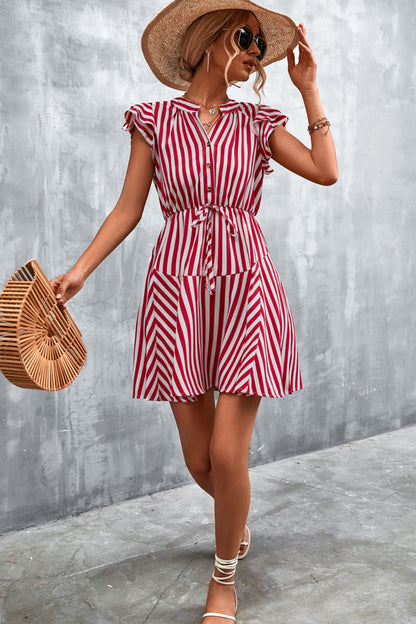 Ruffled Striped Cap Sleeve Mini Dress-Angel Casuals