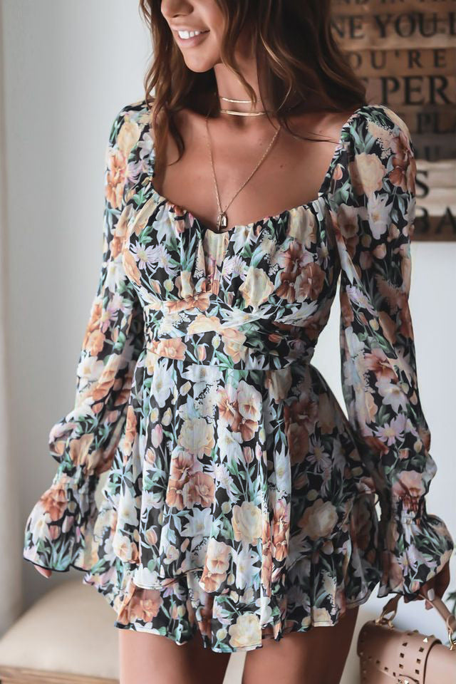 Floral Sweetheart Neck Flounce Sleeve Romper-Angel Casuals