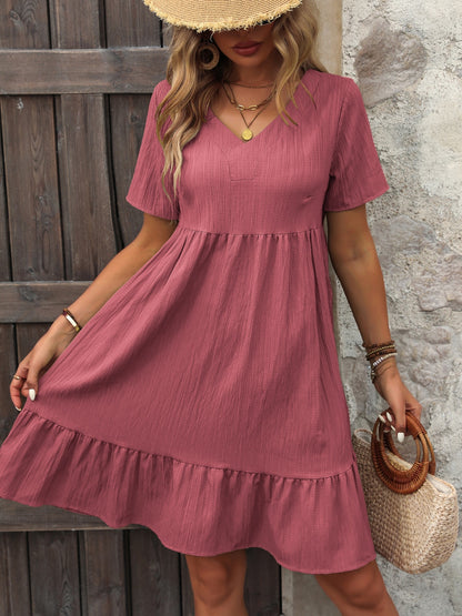 V-Neck Short Sleeve Mini Dress-Angel Casuals