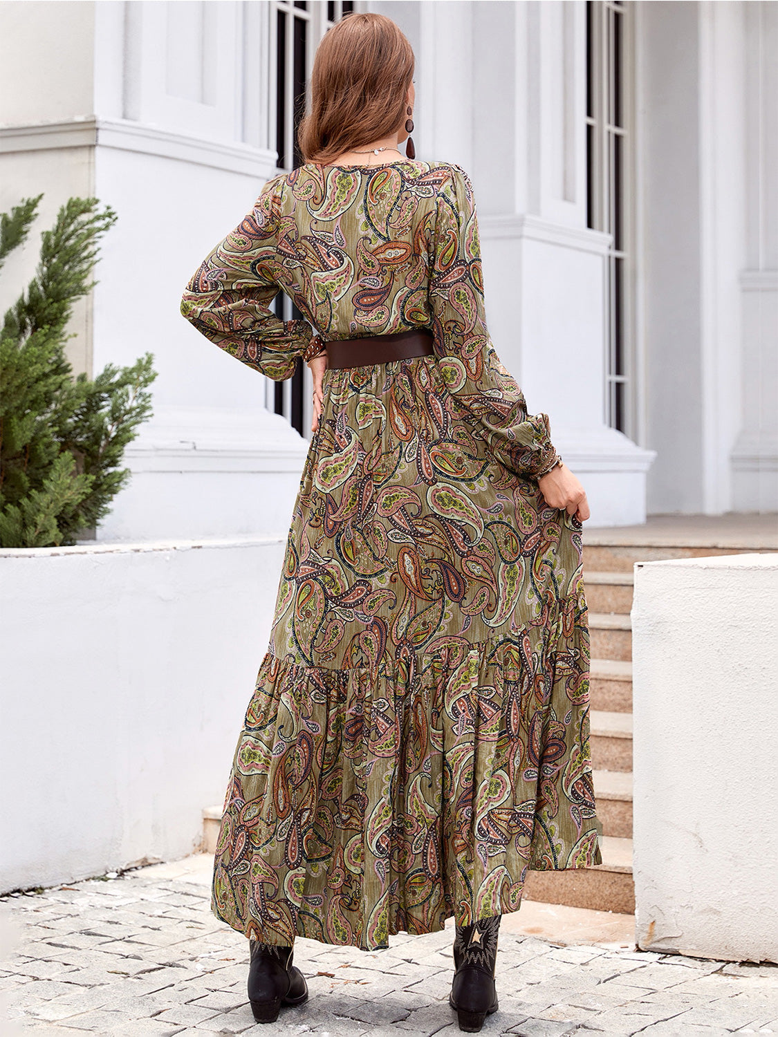 Printed Tie Neck Ruffle Hem Long Sleeve Dress-Angel Casuals