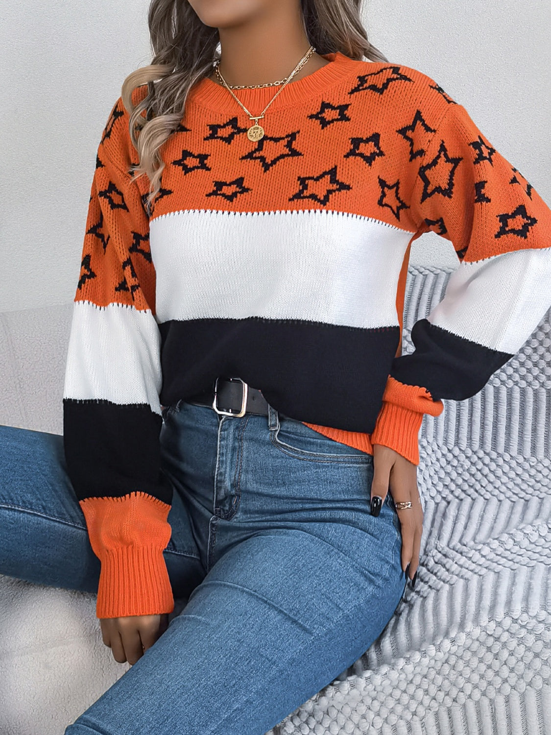 Star Contrast Round Neck Sweater-Angel Casuals